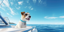 Cute Little Jack Russel Terrier Dog Sailing On Luxury Yacht Boat Deck Against Sea Water On Bright Sunny Summer Day.