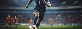 Fototapeta Sport - Soccer player in action on the field of stadium. Blurred background. Football Concept With a Copy Space. Soccer Concept With a Space For a Text.