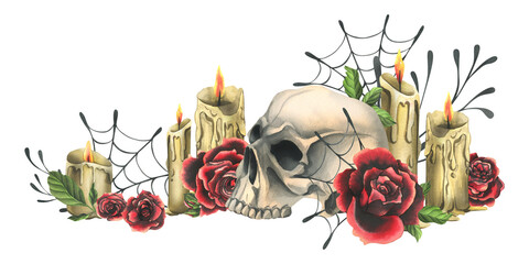 Human skull with red roses, candles and cobwebs. Hand drawn watercolor illustration for Halloween, day of the dead, Dia de los muertos. Isolated composition on a white background