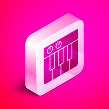Isometric Music Synthesizer Icon Isolated On Pink Background. Electronic Piano. Silver Square Button. Vector