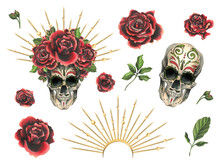 Human Skull With An Ornament, Red Roses In A Golden Crown With Beads. Hand Drawn Watercolor Illustration For Halloween, Day Of The Dead, Dia De Los Muertos. Set Of Elements On A White Background