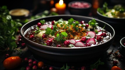 Wall Mural - Hearty Pozole soup with radishes and oregano on a black plate