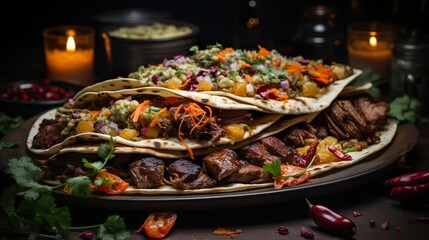 Wall Mural - Tender Barbacoa beef with tortillas on a black plate