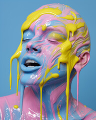 Wall Mural - A Surrealistic Portrait of a Person Dripping  with Colourful Plastic Wax  on a Blue Background