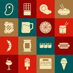 Wall Mural - Set Ice cream in waffle cone, Hotdog sandwich, Asian noodles chopsticks, Scrambled eggs, Wooden beer mug, Sandwich, Steak meat and Pizza icon. Vector