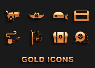 Poster - Set Pirate flag, Antique treasure chest, Skull, Smoking pipe, bandana for head, Cannon and hat icon. Vector