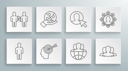 Sticker - Set line User of man in business suit, Piece puzzle hand, Head hunting concept, Globe people, Users group, Project team base and icon. Vector