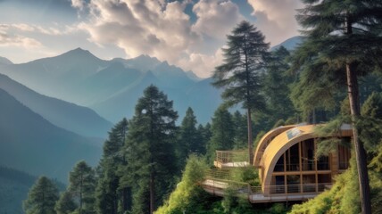 Wall Mural - The exterior design of modern eco wooden house on mountain that is full of nature. Generative AI image AIG30.