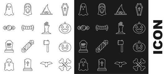 Sticker - Set line Crossed bones, Pumpkin, Witch hat, Vampire teeth, Candy, Ghost and Zombie hand icon. Vector