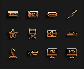 Poster - Set line Movie trophy, VHS video cassette tape, Computer PC monitor with 4k technology, HD, Director movie chair, Cap inscription director and Play Video icon. Vector