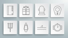 Set Line Neptune Trident, Aqualung, Carabiner, Shark Fin Ocean Wave, Diving Watch, Buoy, Hood And Underwater Note Book And Pencil Icon. Vector