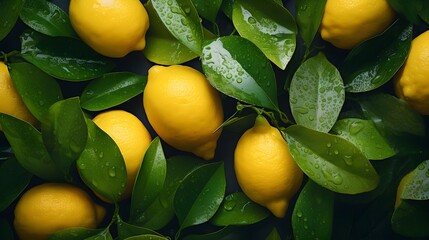 Wall Mural - Macro photo of lemons with leaves.