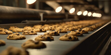 Chocolate Chip Cookies In Production Line On A Conveyor. Production Of Classic Chocolate Chip Cookies. 
