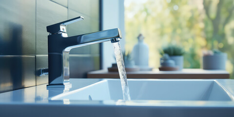 Wall Mural - Water faucet, closeup. Running water in bathroom sink. Modern clean house, washing hands and Hygiene concept. 