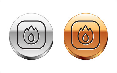 Wall Mural - Black line Fire flame icon isolated on white background. Silver-gold circle button. Vector