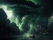 Large Green Dramatic Tornado Cyclone Storm over city Thunderstorm Lightning Doomsday Night Sky Scary Weather Forecast Metrology Hurricane Typhoon Apoclaypse Natural Disaster Earthquake Cloud Burst