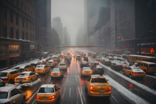 Rush Hour With Yellow Taxi Cabs And Traffic Jam In Metropolitan City During The Snow Day