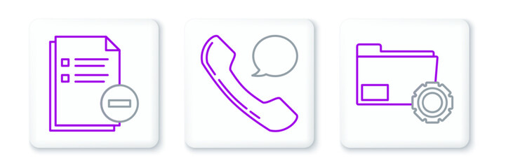 Sticker - Set line Folder settings with gears, Document minus and Telephone handset and speech bubble chat icon. Vector