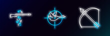 Set Line Bow And Arrow In Quiver, Gun Shooting And Hunt On Duck With Crosshairs Icon. Glowing Neon. Vector