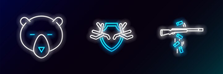 Sticker - Set line Gun shooting, Bear head and Deer antlers on shield icon. Glowing neon. Vector