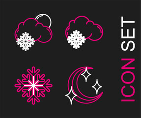 Sticker - Set line Moon and stars, Snowflake, Cloud with snow and sun icon. Vector