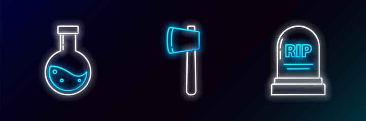 Wall Mural - Set line Tombstone with RIP, Bottle potion and Wooden axe icon. Glowing neon. Vector