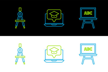 Sticker - Set line Chalkboard, Drawing compass and Graduation cap on screen laptop icon. Vector