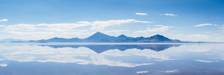 Canvas Print - midday over a salt lake, glass - like water reflecting the blue sky, distant mountains on the horizo