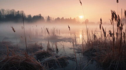 Wall Mural - Misty morning on a swampy lake, cattails in the foreground, layers of fog, mystical atmosphere