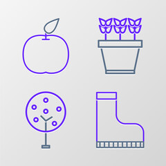 Poster - Set line Waterproof rubber boot, Tree, Plants in pot and Apple icon. Vector