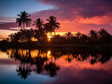 Fototapeta Zachód słońca - Sunset over a tropical lake, vibrant pink and orange sky reflected in the water, palm trees silhouetted against the sky