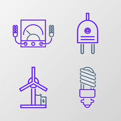 Poster - Set line LED light bulb, Wind turbine, Electric plug and Ampere meter, multimeter, voltmeter icon. Vector