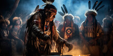 Native American Powwow, Dancers In Elaborate Regalia, Drum Circle In Background, Sage Smudge Smoke