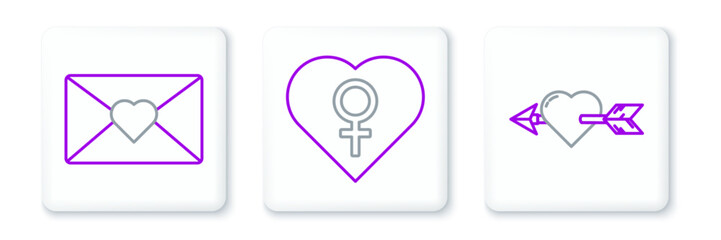 Sticker - Set line Amour with heart and arrow, Envelope Valentine and Heart female gender icon. Vector