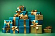 A stack of blue and gold christmas presents stacked up high near plain green wall