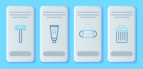 Sticker - Set line Tube of toothpaste, Medical protective mask, Shaving razor and Trash can icon. Vector