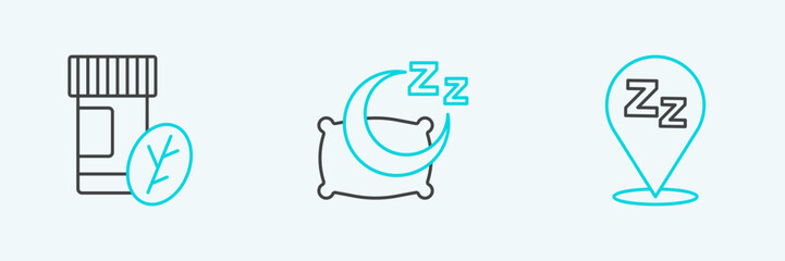 Poster - Set line Sleepy, Vitamin pill and Time to sleep icon. Vector