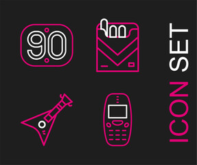 Sticker - Set line Old mobile phone, Electric bass guitar, Cigarettes pack box and 90s Retro icon. Vector