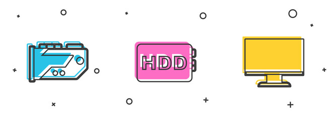 Sticker - Set Video graphic card, Hard disk drive HDD and Computer monitor screen icon. Vector