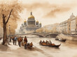 Fantastic Landscape of the city of St.
Petersburg with architecture, people and a view of the Neva River. A sketch in the graphic style of wet watercolor.