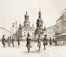 Fantastic Landscape Of The City Of St.
Petersburg With Architecture And People. A Sketch In The Graphic Style Of Wet Watercolor.