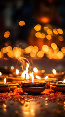 Many candles lights and bokeh celebrate Indian Holiday Diwali. AI Generative.