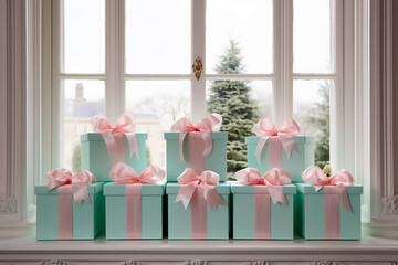 Mint gift boxes with pink bow on background of the window. Generative AI