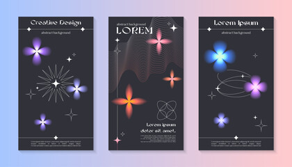 Wall Mural - vector insta story cosmic templates with linear shapes,blurred sparkles in 90s style.smm banners in 