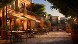 Fototapeta Uliczki - a serene scene of a Mediterranean restaurant patio, with terracotta tiles, olive trees, and diners enjoying tapas under the stars