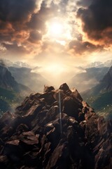 Poster - Background of the top of a mountain with many clouds in the sky and a heavenly light way to salvation cover Generative AI Illustration