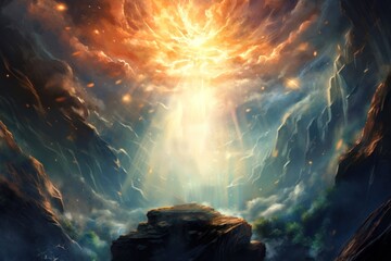 Wall Mural - Background of the top of a mountain with many clouds in the sky and a heavenly light way to salvation cover Generative AI Illustration