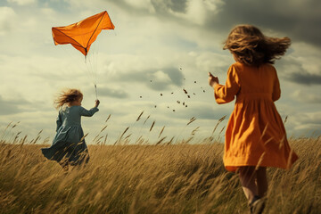 girls playing in a field with a orange kite, in the style of free-associative, colorized