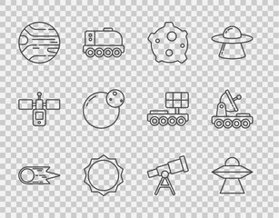 Wall Mural - set line comet falling down fast, ufo flying spaceship, asteroid, sun, planet, telescope and mars ro