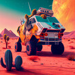 camion de l'espace sur mars, cactus , soleil, et montagne en décoration. 